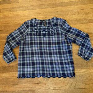 Talbots purple plaid scalloped trim embroidered blouse shirt top size XLP b17